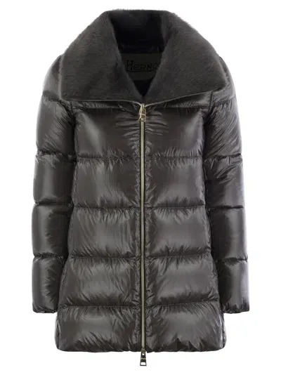 Herno Down Jacket With Cruelty-free Fur Details In Elephant