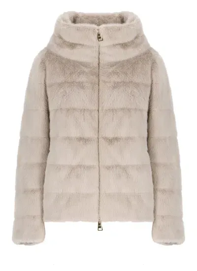 Herno Down Jacket With Faux Fur In Neutrals