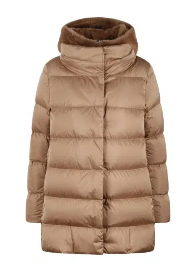 Herno Eco Fur Double Front Down Jacket In Brown