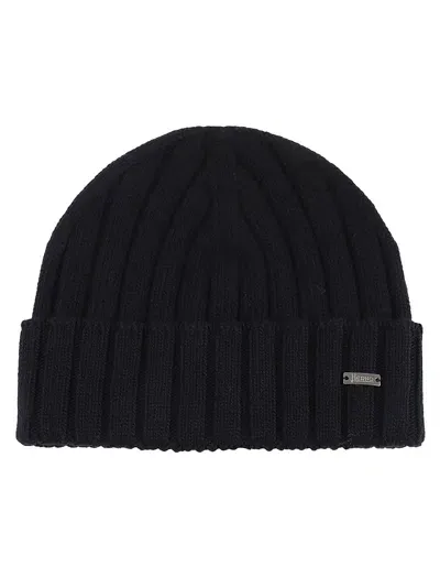 Herno Logo-plaque Ribbed Wool Beanie In Blue