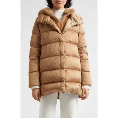 Herno Satin Down Puffer Jacket With Removable Faux Fur Hooded Bib In Brown