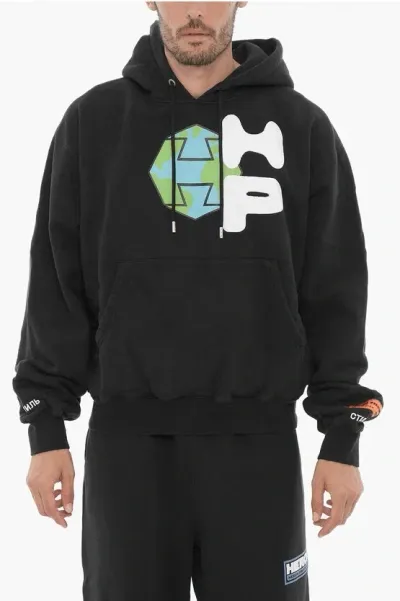 Heron Preston Brushed Cotton Spray Globe Hoodie In Black