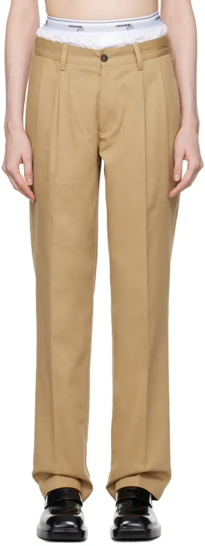 Hommegirls Beige Layered Trousers In Khaki