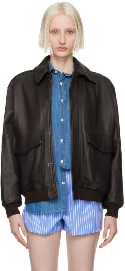 Hommegirls Brown Oversized Leather Bomber Jacket In Dark Brown