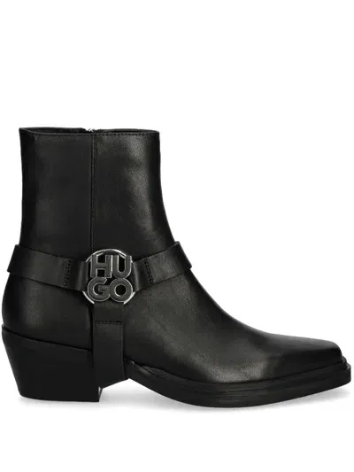 Hugo 50mm Stacked-logo Leather Ankle Boots In Black