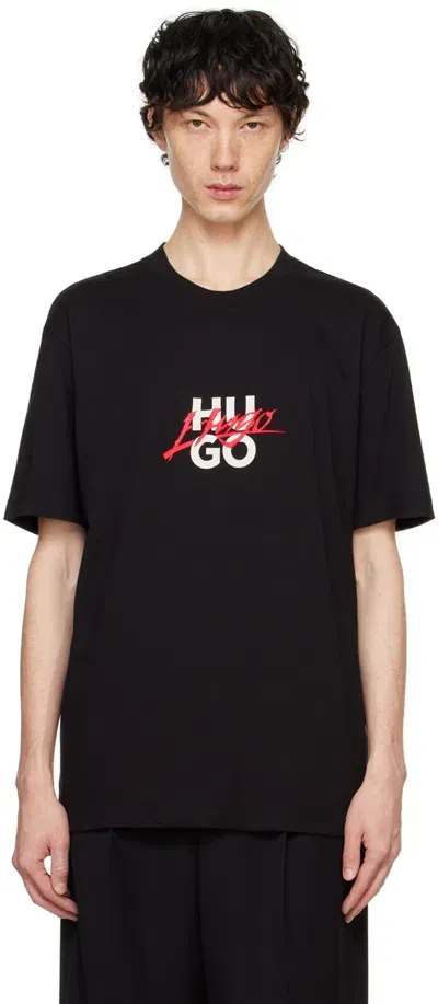 Hugo Black Cotton T-shirt In 001-black