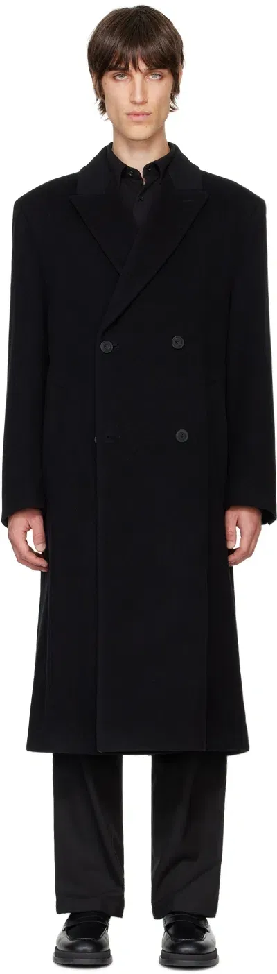 Hugo Black Double-breasted Coat In 001-black