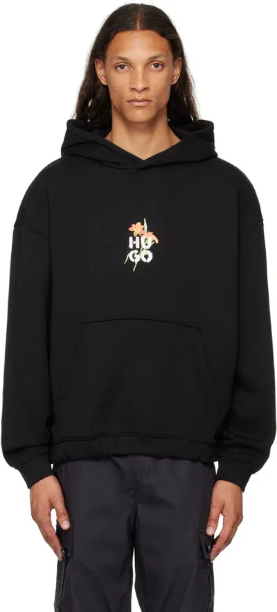 Hugo Black Floral Hoodie In 001-black