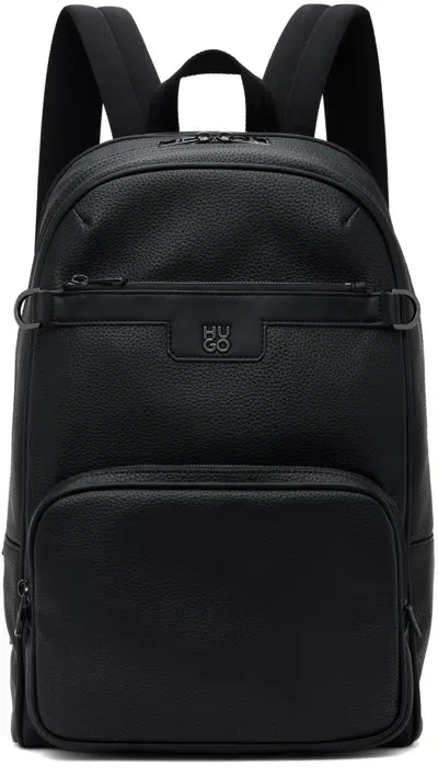 Hugo Black Grained Faux-leather Stacked Logo Trim Backpack In 001-black