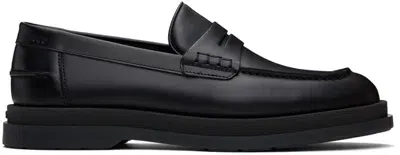 Hugo Black Rubber Sole Brush-off Leather Loafers In 001-black