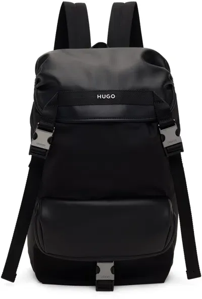 Hugo Black Sateen Backpack In 001-black