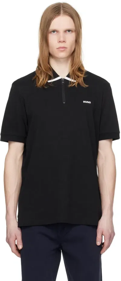 Hugo Black Zip Placket Polo In 001-black