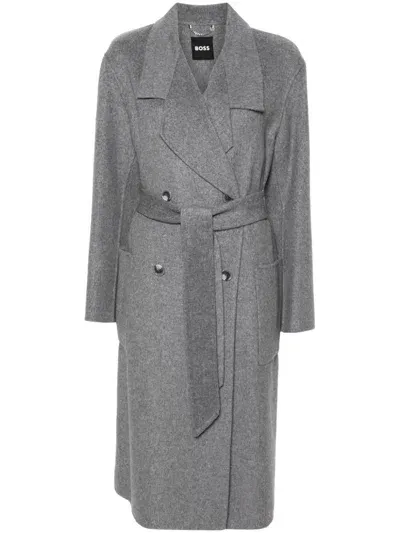 Hugo Boss Belted Coat In Grey