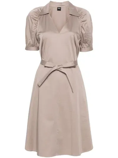 Hugo Boss Belted Satin Midi Dress In Neutrals