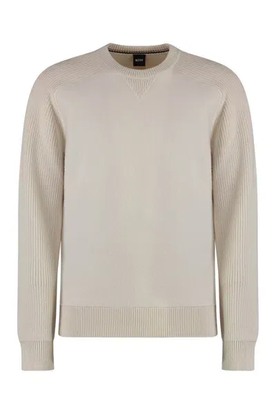 Hugo Boss Boss Cotton Blend Crew-neck Sweater In Beige