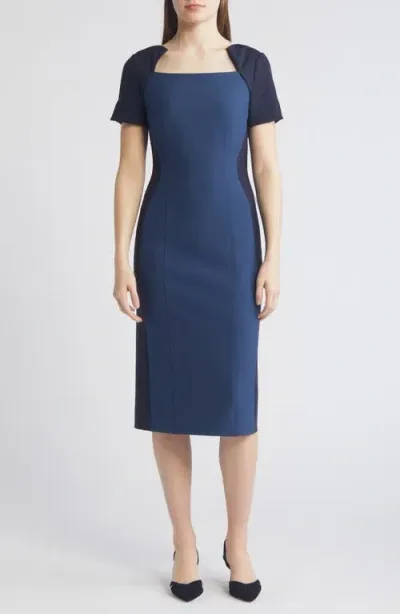 Hugo Boss Boss Daneria Colorblock Square Neck Sheath Dress In Insignia Blue