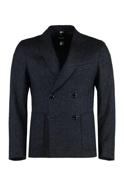 Hugo Boss Boss Double-breasted Virgin Wool Jacket In Blue