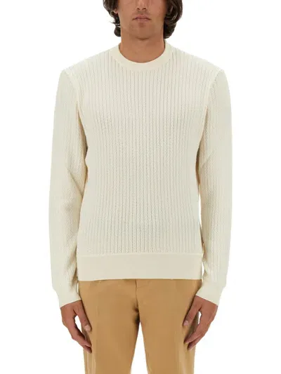 Hugo Boss Wool-blend Knitted Sweater With Herringbone Structure In White