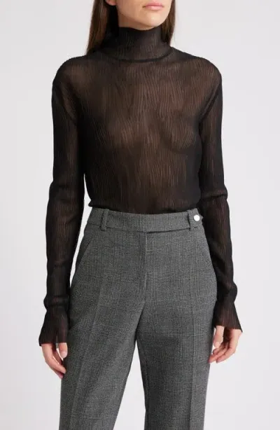 Hugo Boss Boss Emata Plissé Tulle Mock Neck Top In Black