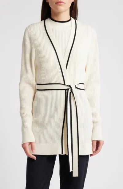 Hugo Boss Boss Ferinia Tie Waist Wool & Cashmere Rib Cardigan In Soft Cream