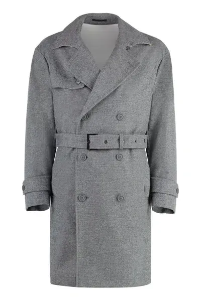 Hugo Boss Boss Flannel Trench Coat In Grey