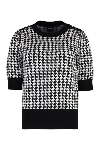 Hugo Boss Boss  Houndstooth Pattened Crewneck Top In Multi