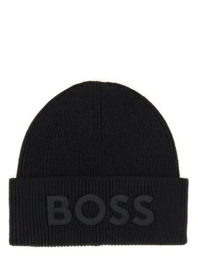 Hugo Boss Boss  Logo Embroidered Ribbed Beanie In Black