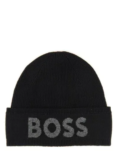 Hugo Boss Boss  Logo Intarsia Ribbed Beanie In Black