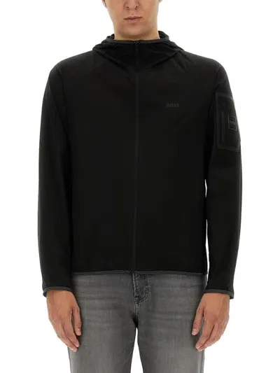 Hugo Boss Boss  Stretch Poplin Water Repellent Hooded Jacket In Black