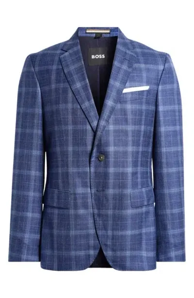 Hugo Boss Boss Hutson Slim Fit Plaid Wool & Silk Blend Sport Coat In Navy