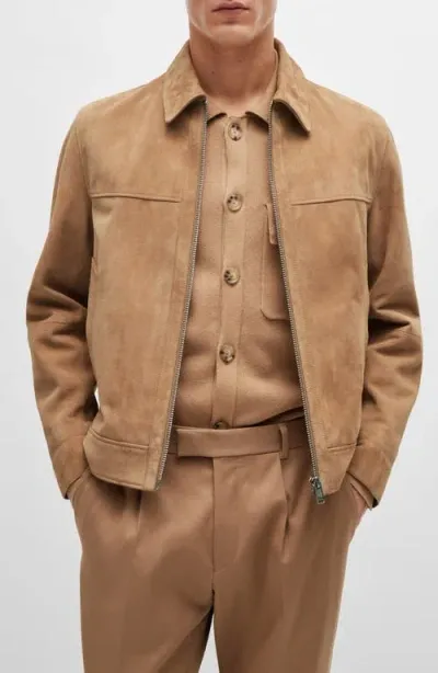 Hugo Boss Boss Malbano Goat Suede Jacket In Open Beige