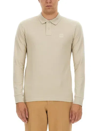 Hugo Boss Boss Polo With Logo Patch In Beige