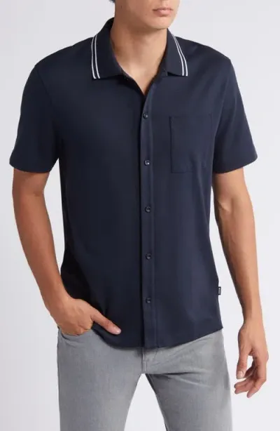 Hugo Boss Boss Powell Tipped Short Sleeve Knit Button-up Shirt In Dark Blue