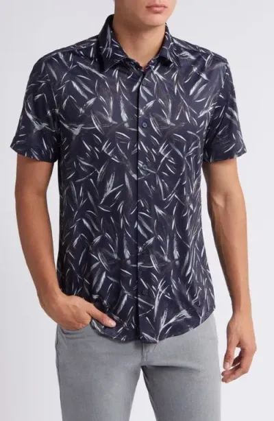 Hugo Boss Boss Roan Slim Fit Leaf Print Short Sleeve Stretch Button-up Shirt In Dark Blue