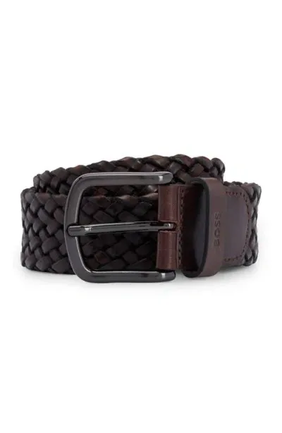 Hugo Boss Boss Sash Woven Leather Belt In Dark Brown