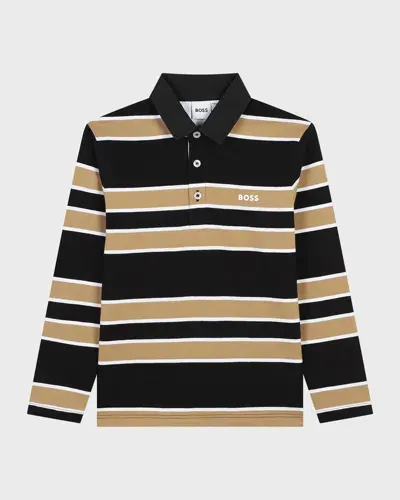 Hugo Boss Kids' Boy's Striped Logo-print Polo Shirt In Black