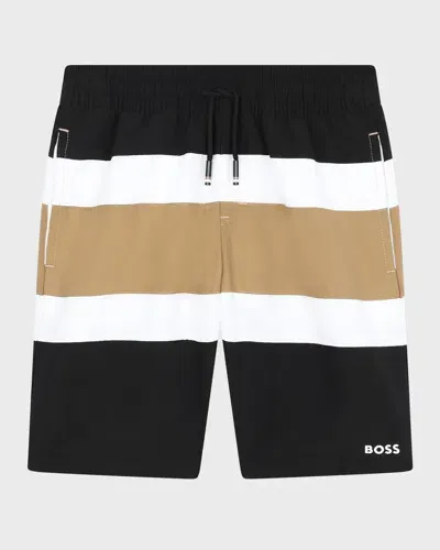 Hugo Boss Kids' Boy's Striped Logo-print Swim Trunks In Black