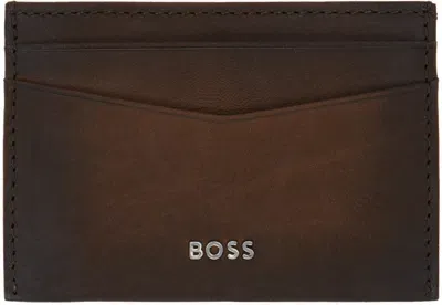 Hugo Boss Brown Logo Lettering Card Holder In 205-dark Brown