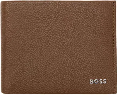 Hugo Boss Silver Logo Grained Leather Wallet In Brown