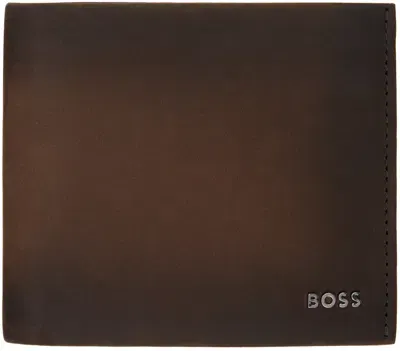 Hugo Boss Brown Suede Logo Lettering Wallet In 205-dark Brown