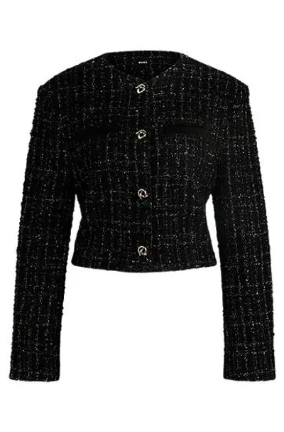 Hugo Boss Collarless Jacket In Sparkle-effect Tweed In Black