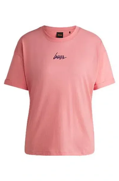 Hugo Boss Cotton-jersey T-shirt With Signature Print In Pink