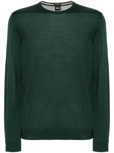 Hugo Boss Crew-neck Virgin-wool Sweater In Green