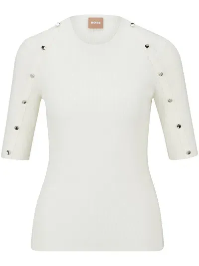 Hugo Boss Decorative-button Ribbed-knit Top In White