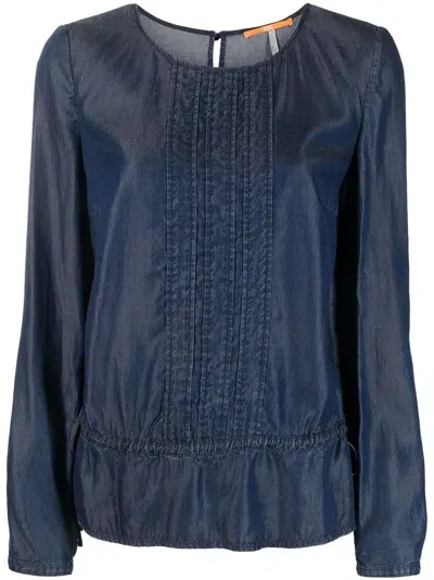 Hugo Boss Denim Ruffle-hem Long-sleeve Top In Blau