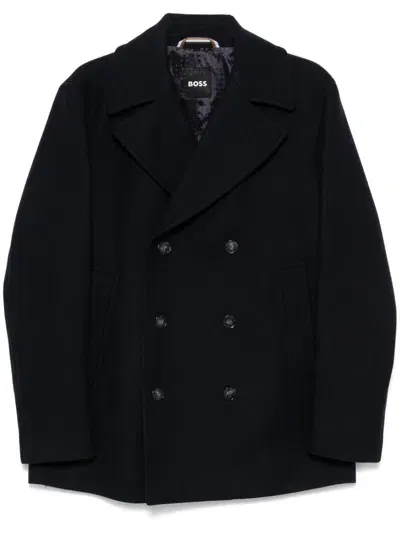 Hugo Boss Double-breasted Coat In Blue