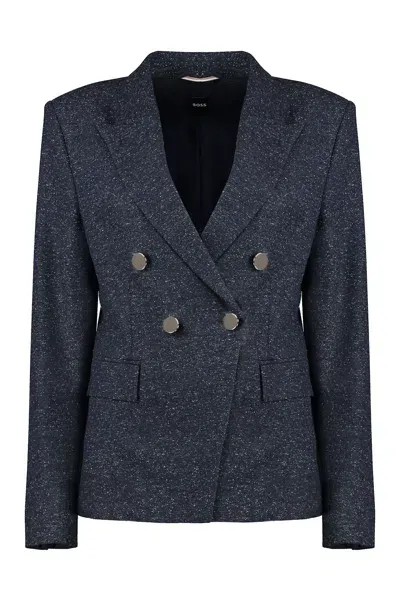 Hugo Boss Double-breasted Wool Blazer In Blue