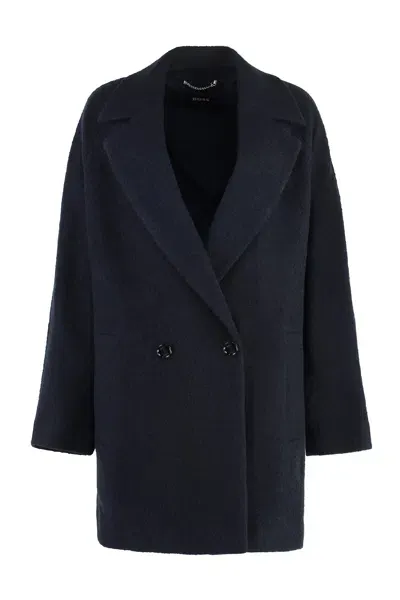 Hugo Boss Formal Coat In Boiled Fabric With Virgin Wool In Blue