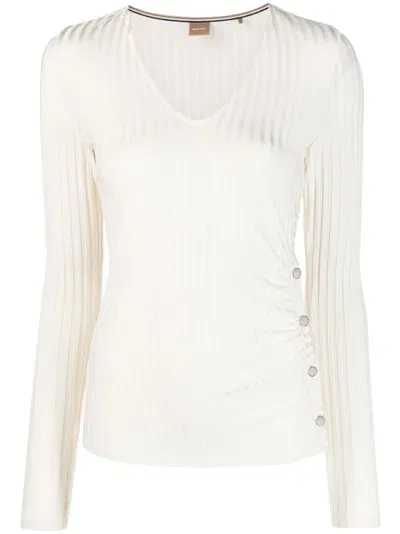 Hugo Boss Fine-ribbed V-neck Sweater In White