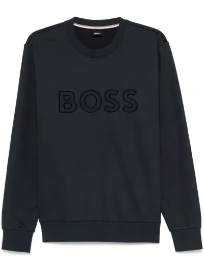 Hugo Boss Flocked-logo Sweatshirt In Blue